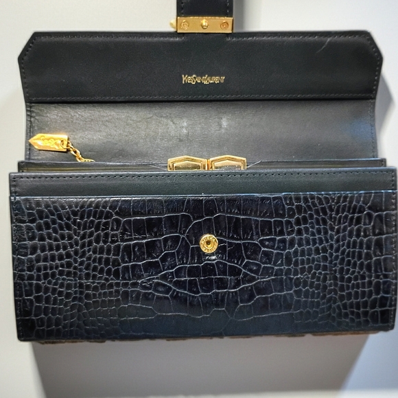 Vintage Yves Saint Laurent Croc Embossed Convertible Wallet Clutch w/ Gold Chain - Picture 7 of 14